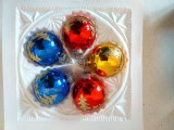 Lot 5 globuri vechi vintage West Germany, Craciun, cca 5cm diametru, rosu, galben si albastru, cu decor cu sclipici auriu in forma de braduti