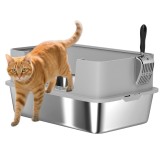 PawHut Cutie de Nisip pentru Pisici din Oțel Inoxidabil XL cu Bordo &Icirc;nalt Lopată Ușor de Curățat Anti-Scurgeri 60x40x29,5 cm Gri | Aosom Romania
