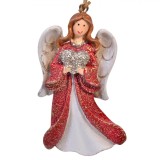 Ornament Brad Crăciun, Model &Icirc;nger, Ceramică, Haină Roșie, Inimă Argintie, 9 cm, Oem