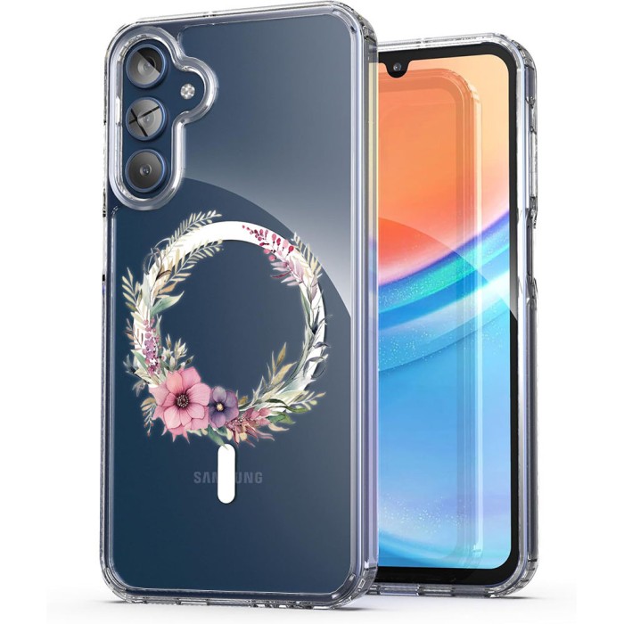 Husa pentru samsung galaxy a15 4g, atasare magnetica, magsafe, pink wreath 20, clear