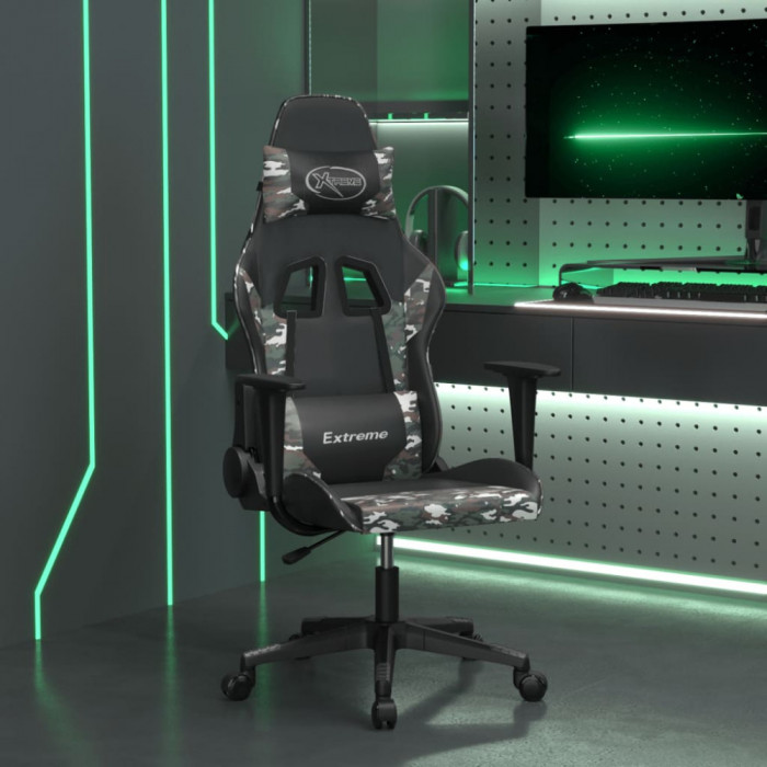 vidaXL Scaun de gaming de masaj, negru și camuflaj, piele ecologică