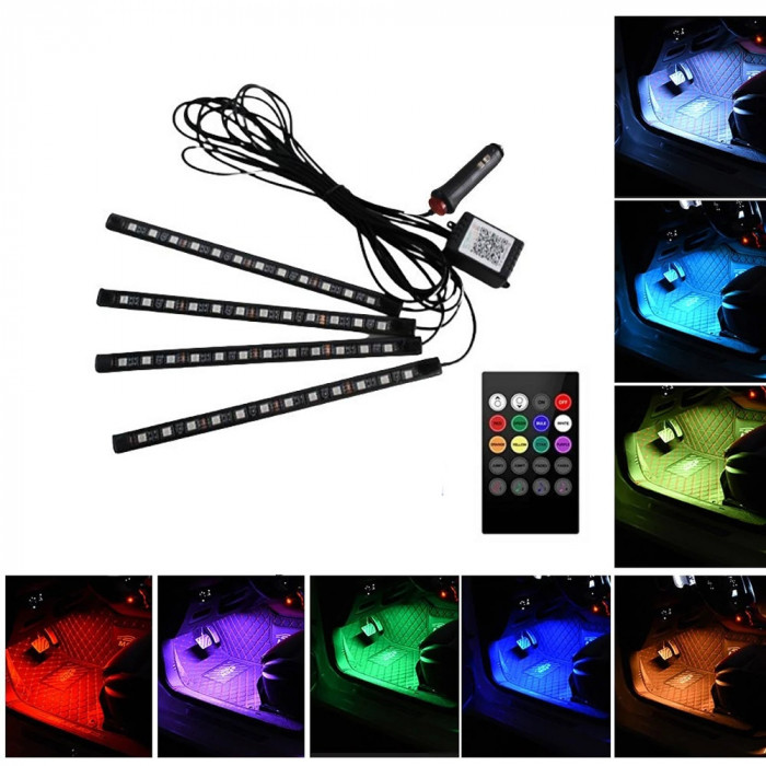 Set 4 benzi LED auto, RGB, 12 LED/banda, cu telecomanda