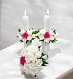 Set lumanari si buchet pentru nunta , cu trandafiri din foita de sapun si plante naturale uscate si criogenate , predominant alb, Eventissimi&reg;