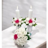 Set lumanari si buchet pentru nunta , cu trandafiri din foita de sapun si plante naturale uscate si criogenate , predominant alb