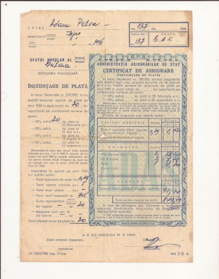 Contract de asigurare - instiintare de plata - nr 137 anul 1960 Sat Fizes - Cs foto