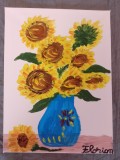 TABLOU PE PANZA CU SASIU NOU 30X40 CM VAS CU FLOAREA SOARELUI ACRILIC PRET 50 LEI PICTOR FLORIAN