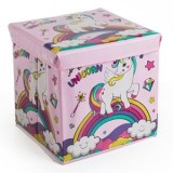 Cutie de depozitare tip taburet, 30x30x30 cm, roz, cu model unicorn, CMCLASS