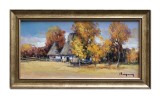 Tablou peisaj de toamna pictat manual inramat, 45x25cm ulei pe panza, rama din lemn, Geo Ungureanu
