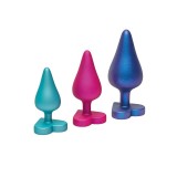 Set plug anal ROMP LUSTER Anal Training Kit, 3 dopuri de dimensiuni progresive, 7.4 cm - 10.5 cm, cu baze &icirc;n formă de inimă, multicolore