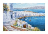 Cumpara ieftin Tablou impasto Mykonos, Grecia pictat manual, Priveliste catre port, 100x70cm ulei pe panza, Valentin Pop