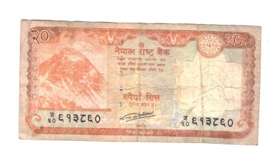 Bancnota Nepal 20 rupees/rupii 2016, circulata, uzata foto