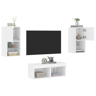 vidaXL Comode TV de perete cu lumini LED, 4 piese, alb foto