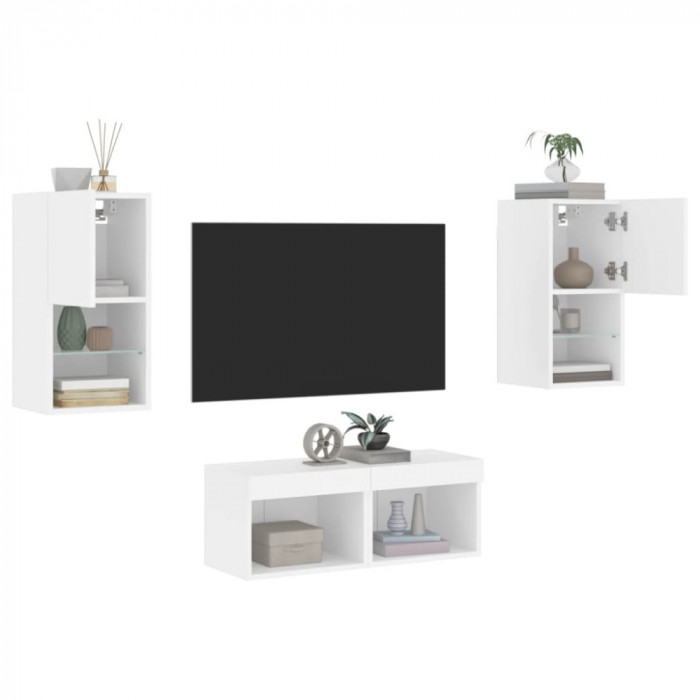 vidaXL Comode TV de perete cu lumini LED, 4 piese, alb