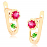 Cumpara ieftin Cercei aur 585 - floare strălucitoare roz &icirc;nchis, frunză verde