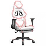 Cumpara ieftin Scaun de gaming cu suport picioare, alb/roz, piele ecologica
