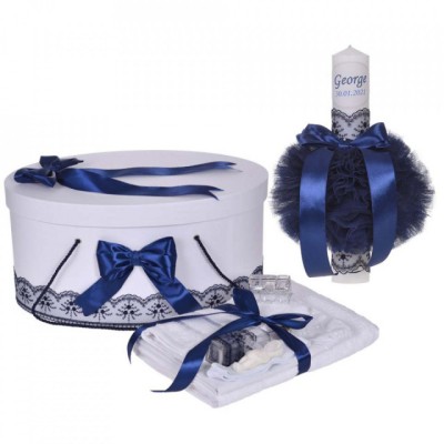 Set trusou botez, cutie trusou si lumanare personalizata cu nume, decor foto