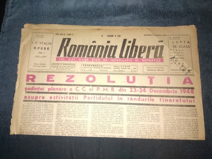 ZIARUL ROMANIA LIBERA 8 IANUARIE 1949