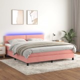 vidaXL Pat continental cu saltea &amp; LED, roz, 180x200 cm, catifea