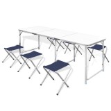 Set Masa Camping Pliabila vidaXL, 6 Scaune, Reglabila 180x60 cm, Alb, Portabil, Picnic, Gradina