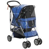 PawHut Cărucior Pliabil pentru C&acirc;ini p&acirc;nă la 10 kg cu Copertină de Ploaie, 75x45x97 cm, Albastru | Aosom Romania