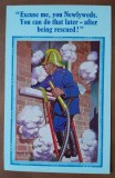 Carte postala, necirculata, desen pompier la un incendiu, perioada interbelica