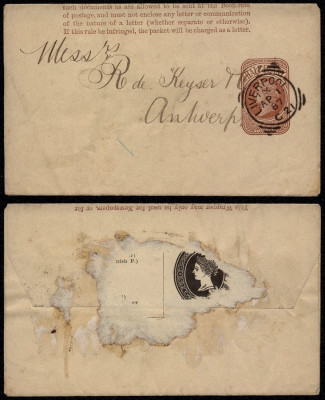 Great Britain 1887 Postal stationery Wrapper Liverpool to Antwerp Belgium DB.063 foto