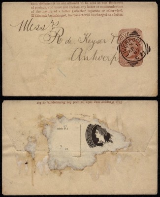 Great Britain 1887 Postal stationery Wrapper Liverpool to Antwerp Belgium DB.063 foto