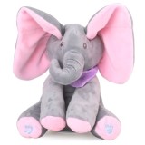 Jucarie interactiva elefant, FOXMAG24, peek a boo, canta si vorbeste, 30x15 cm, gri/roz