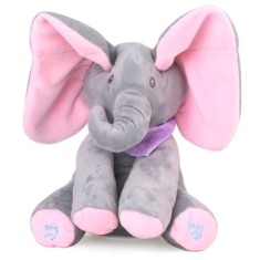 Jucarie interactiva elefant, FOXMAG24, peek a boo, canta si vorbeste, 30x15 cm, gri/roz
