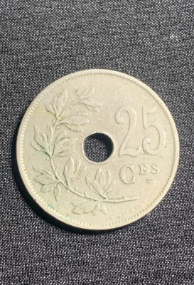 Moneda 25 centimes 1908 Belgia foto