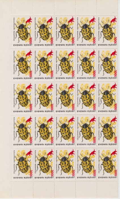 ROMANIA 1999 LP 1480 INSECTE SUPRATIPAR VALOARE 100L/70L 25 TIMBRE MNH