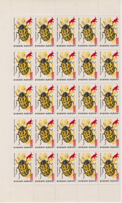 ROMANIA 1999 LP 1480 INSECTE SUPRATIPAR VALOARE 100L/70L 25 TIMBRE MNH