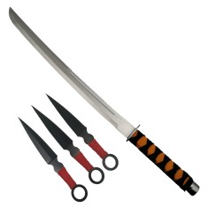 Set de vanatoare DEPOX&reg;, Sabie Ninja Path si set trei cutite de aruncat, otel inoxidabil, negru