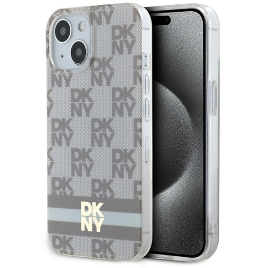 Husa iPhone 15 - DKNY IML Checkered Mono Pattern &amp; Printed Stripes MagSafe (DKHMP15SHCPTSE) - Beige