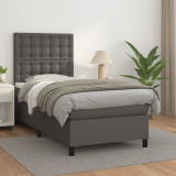 VidaXL Pat box spring cu saltea, gri, 90x190 cm, piele ecologică