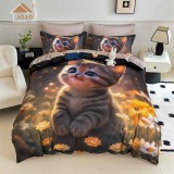 Cumpara ieftin Lenjerie de pat cu elastic,pat dublu,bumbac finet,6 piese, imprimeu 5D imprimeu pisicuta in lumina aurie-A1228