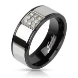 Inel din oțel - argintiu cu linii negre, pătrat cu zirconii - Marime inel: 70
