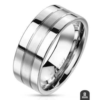 Inel din oțel cu două dungi strălucitoare pe margine și o dungă centrală mată, de 8 mm - Marime inel: 70 foto
