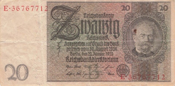 Bancnota Germania 20 Reichsmark 1929 - P181a VF ( vezi descriere )