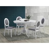 Set masa living si bucatarie KL Willy, MDF Furniruit, structura lemn masiv si 4 scaune KL Benson, tapiterie stofa, lacuit, 120 kg, alb gri