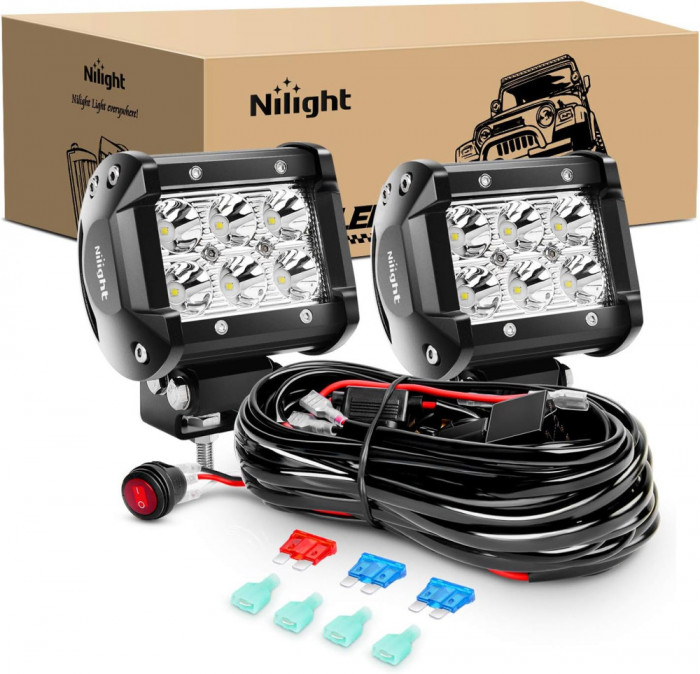 Night ZH009 Bară luminoasă LED 2 bucăți 18 W lumini spot off-road cu kit cablaj