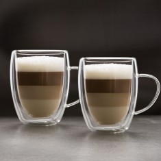 Set 2 Cani Cesti din Sticla cu Perete Dublu Thermo Transparent cu Capacitate 350 ml pentru Cafea, Cappuccino, Latte Macchiato, Ceai