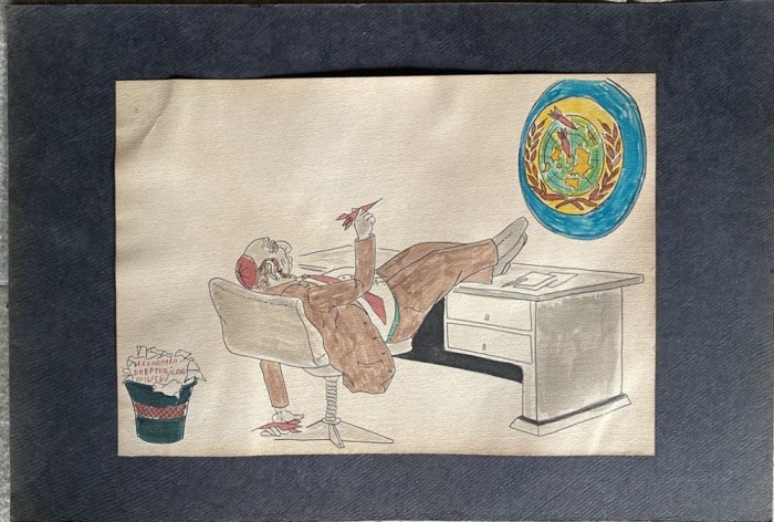 Caricatură 2 antisemită interbelică, acuarelă pe carton subțire, 30 x 21 cm suprafata desenată / istorie, razboi, propaganda, presa