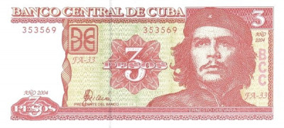 Cuba 3 Pesos 2004 - Ernesto Guevara, V18, P-127a UNC !!! foto