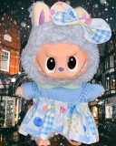 Jucarie de plus breloc - tip Labubu - 15 cm - imbracat in rochita colorata - albastru