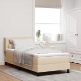 Pat cu Arcuri vidaXL cu Saltea Crem 100x200 cm Fabric, Cap de Pat vidaXL cu Butoane Crem 100 cm Fabric