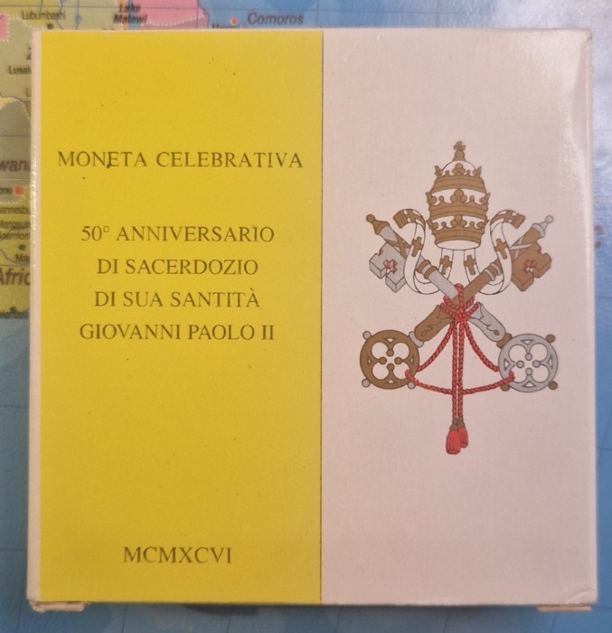 Vatican 500 Lire, Argint, in Folder, 1996 KM#269, John Paul II (50th priestly ordination John Paul II)