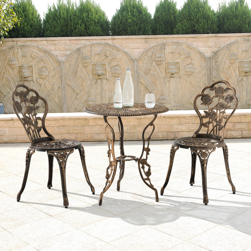 Set bistro gradina DinaB masa rotunda si 2 scaune metal culoarea bronzului  [casa.pro] HausGarden Leisure | Okazii.ro