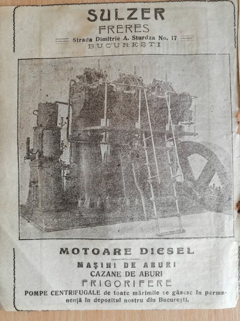 reclama SULZER Freres, motoare Diesel, masini abur, frigorifere, 1922, Bucuresti
