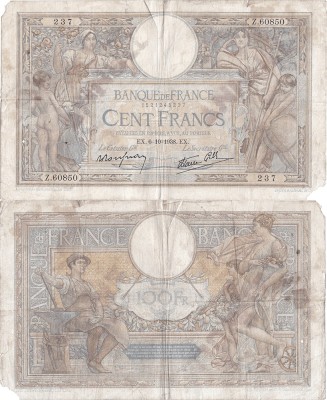 1938 (6 X), 100 francs (P-86b.7) - Franța foto